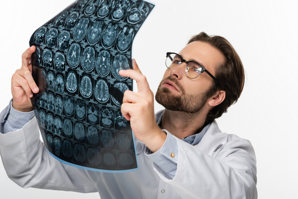 physician in eyeglasses holding mri scan isolated on white - Photo, image