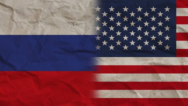 United States of America and Russia Flags Together, Crumpled Paper Effect Background 3D Illustration - Photo, Image