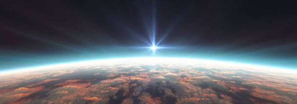 Lever de soleil terrestre depuis l'espace au-dessus d'un océan nuageux. Illustration de rendu 3d - Photo, image