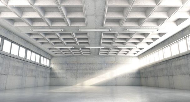 Interiér světlého prázdného průmyslového sálu z větší části z betonu s řadou malých okének po obou stranách vpouštějících dovnitř ranní světlo - 3D vykreslování - Fotografie, Obrázek