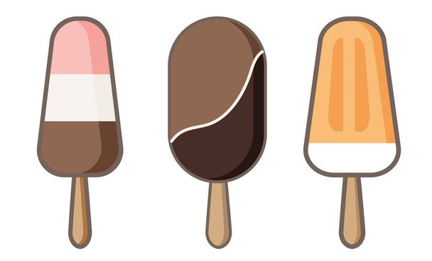 Set of ice cream icons vector doodle illustration. Kids collection of banana, chocolate and strawberry sunblind and popsicle in cone isolated on white - Vektor, obrázek
