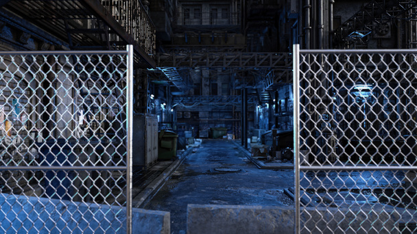 Ruelle urbaine futuriste sombre et miteuse vue à travers une clôture à maillons de chaîne avec une orientation sélective. - Photo, image