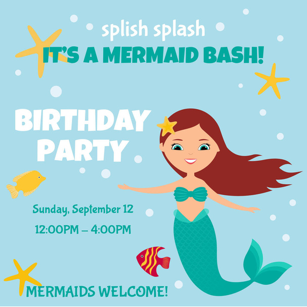 Splish splash, é uma festa de sereia. Convite de festa de aniversário com sereia bonito no fundo azul. Design de estilo plano.  - Vetor, Imagem