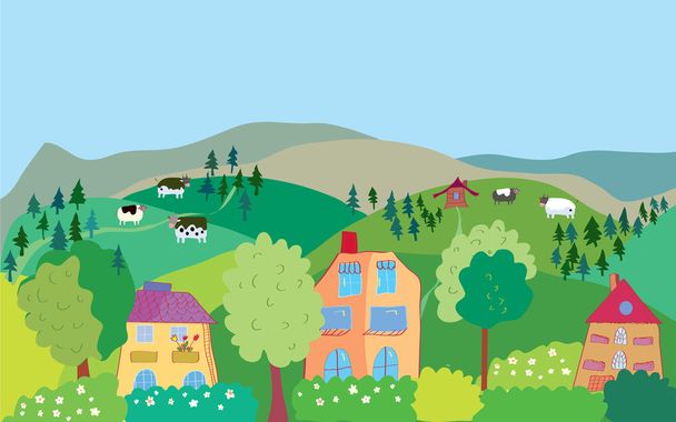 Landscape with mountain hills, cows, trees - Vector, afbeelding