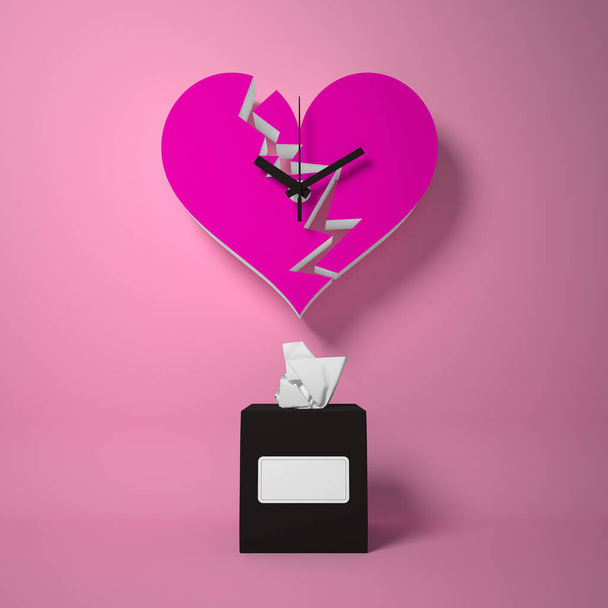 Eine Uhr in gebrochenem Herzen und ein Päckchen Taschentücher auf rosa Hintergrund. 3D-Darstellung von Trennungs- und Beziehungsthemen. - Foto, Bild