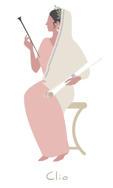 Девушка в лавровом венке и вуали, одетая в древнегреческий стиль, с маленькой трубой и несколькими свитками. Греческая мифология. Муза Клио. Изолированный на белом фоне. - Вектор,изображение