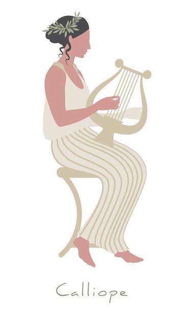 Девушка в лавровом венке, одетая в древнегреческий стиль и играющая на лире. Греческая мифология. Муза Каллиопа. Изолированный на белом фоне. - Вектор,изображение