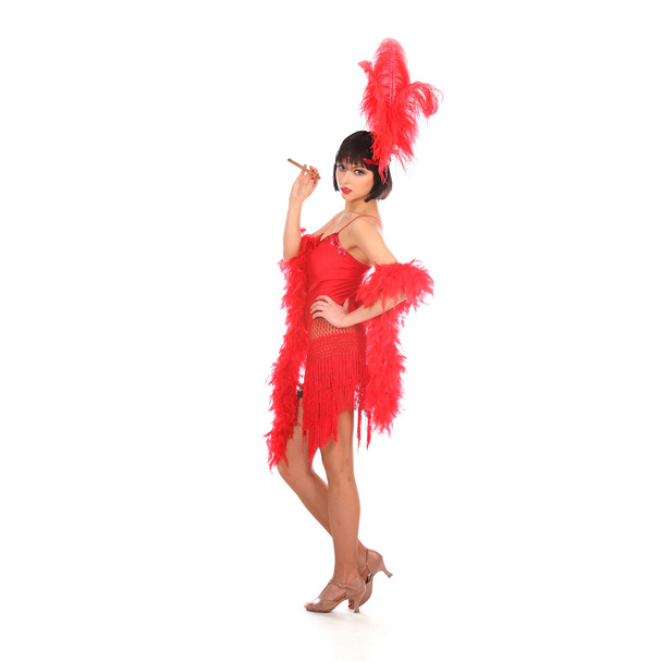 Burlesque dancer with red plumage and short dress, isolated on white - Foto, Bild
