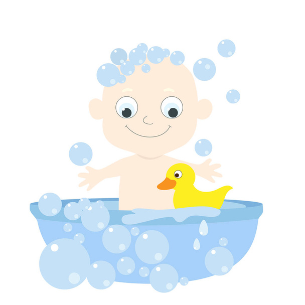 Little cute albino baby bathes in a bathtub with soap bubbles and a yellow rubber duck. The child smiles happily. Cartoon character in flat style isolated on white background. - Vector, Imagen