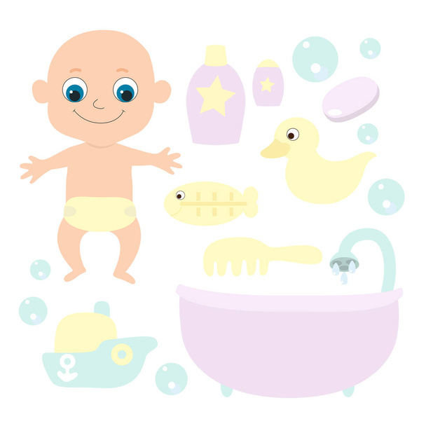 Un neonato o neonato in un pannolino e una serie di articoli per il bagno: un pettine, uno shampoo, un termometro per l'acqua, un'anatra di gomma, una barca e bolle di sapone. Stile piatto del fumetto nei colori blu pastello, giallo e lavanda. - Vettoriali, immagini