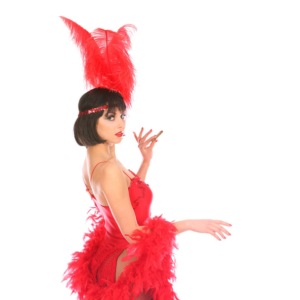 Burlesque dancer with red plumage and short dress, isolated on white - Photo, image
