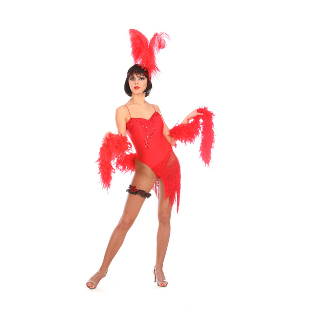 Burlesque dancer with red plumage and short dress, isolated on white - Fotoğraf, Görsel