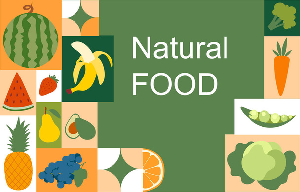 Natural colorful food banner on green background - Вектор,изображение