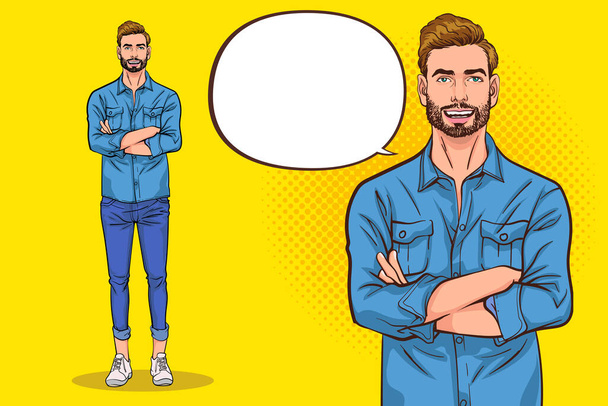 standing bearded young man with a crossed arms in a casual outfit Pop art comic style - Vector, Image