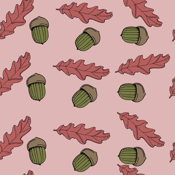 vector illustration seamless pattern oak leaves and acorn on gray background,for wallpaper and furniture - Vektor, obrázek