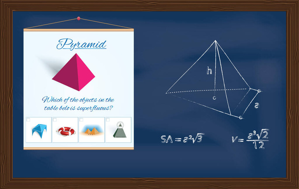 Pirámide. Bosquejo de una figura geométrica y fórmulas para calcular su superficie y volumen dibujado en tiza sobre pizarra - Vector, Imagen