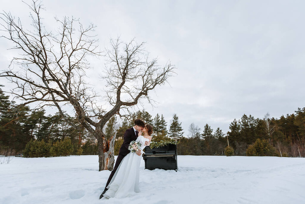 A girl in a wedding dress and a young man are standing next to the piano. - Photo, image