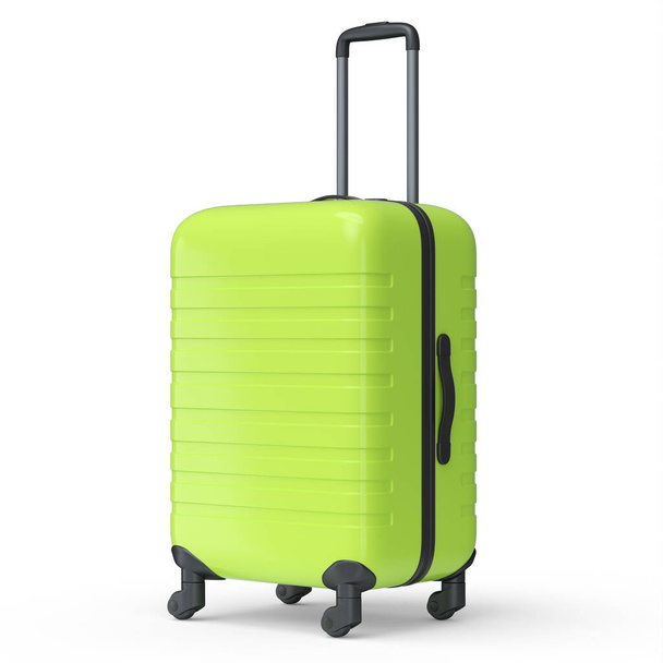Small green polycarbonate suitcase isolated on white background. 3d render travel concept of baggage or luggage - Photo, image