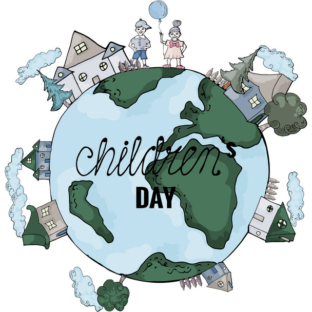 Carte de vœux de la Journée mondiale de l'enfant avec dessin animé Terre, bâtiments, arbres, nuages, garçon et fille isolés sur blanc. La police Oswald OFL et le lettrage "enfants" sont utilisés. - Vecteur, image