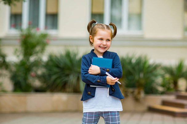 a beautiful little girl, a schoolgirl, in the afternoon near the school, in a school uniform with two ponytails - Foto, Imagem
