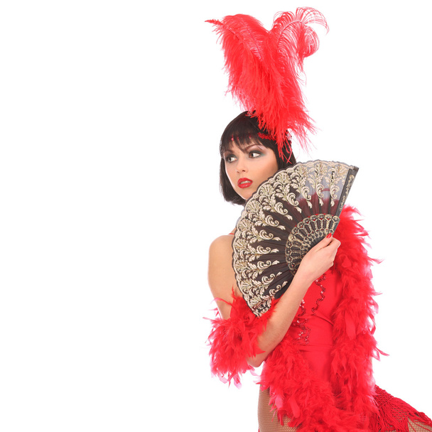 Burlesque dancer with red plumage and short dress, isolated on white - Foto, immagini