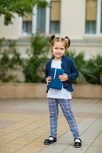 a beautiful little girl, a schoolgirl, in the afternoon near the school, in a school uniform with two ponytails - Photo, Image