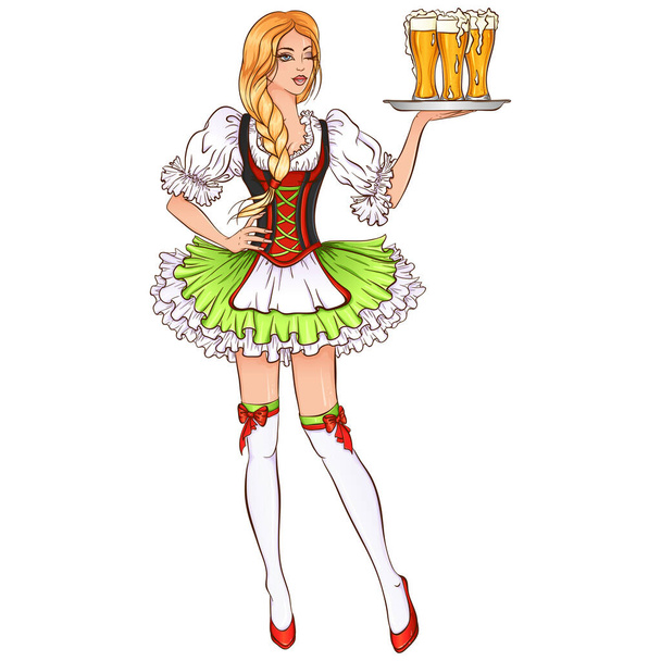 Beautiful girl with a glasses of beer - Vector, Imagen