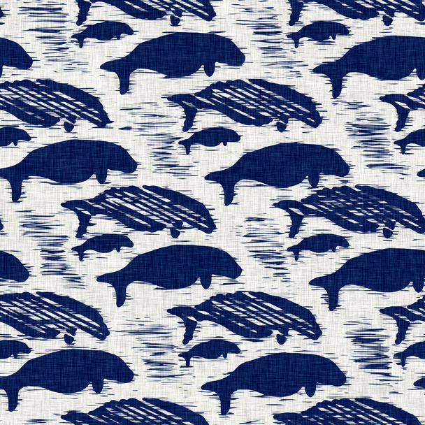 Индиго окрашены ткани рыбы животного узор текстуры. Цветовая ткань текстильной моды краски сопротивляются по всему печати. Японский блок-принт кимоно. Эффект батика с высоким разрешением.  - Фото, изображение