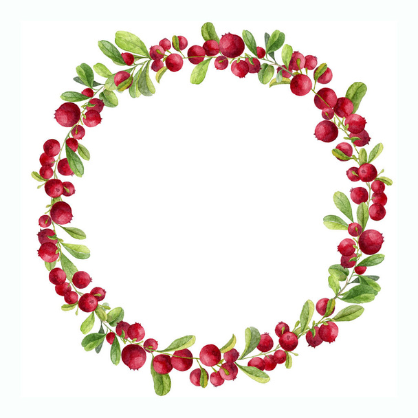 Watercolor hand painted Wreath with red Berry and green Leaves. Frame with Cranberry branches. Autumn Background on white isolated background - Fotoğraf, Görsel