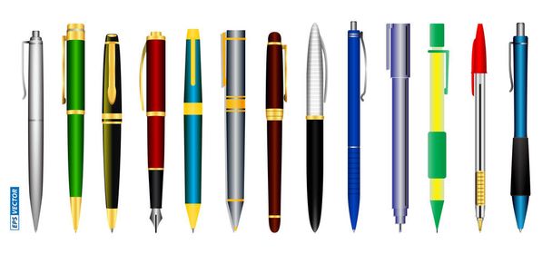 набір реалістичних ручок ізольовані або різні фонтанні ручки і пружинні механічні ручки або офісні канцелярські товари колекції і назад до концепції школи. вектор eps
 - Вектор, зображення