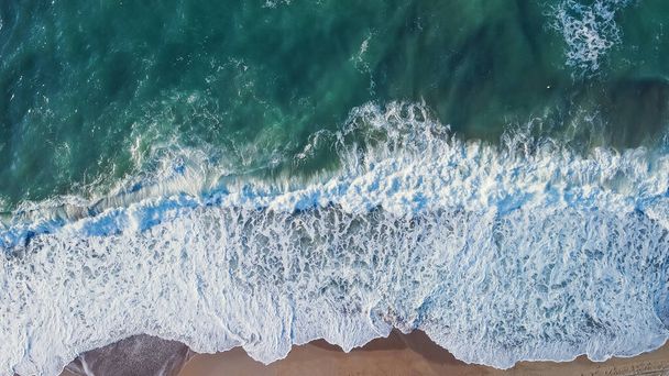 Aerial from drone of an stunning beautiful sea landscape beach with turquoise water at sunrise. Free copy space. - Fotoğraf, Görsel