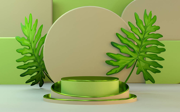 Groene metallic look podium display met blad. productpresentatiefase 3d-rendering - Foto, afbeelding