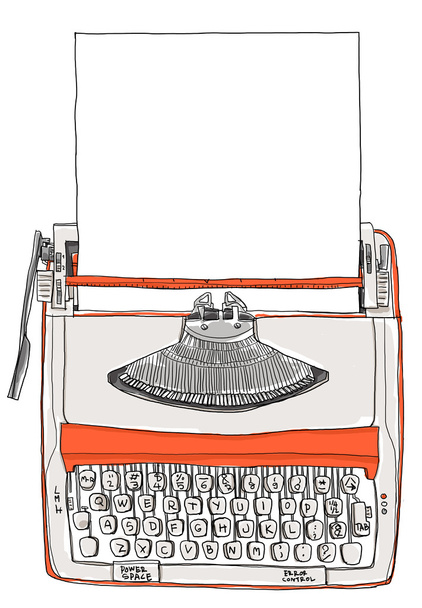 Máquina de escrever dois tons de creme laranja com papel vintage
 - Foto, Imagem