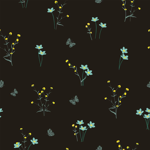 Fleurs sauvages sur ton jaune et bleu doux motif sans couture pour décoratif, tissu, textile, impression ou papier peint - Vecteur, image