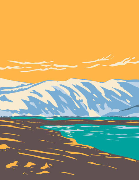 Art Deco lub WPA plakat Loch Etchachan w Cairngorms National Park w centralnej części płaskowyżu Cairngorms Highlands, Szkocja, Wielka Brytania wykonane w stylu zarządzania projektem prac. - Wektor, obraz