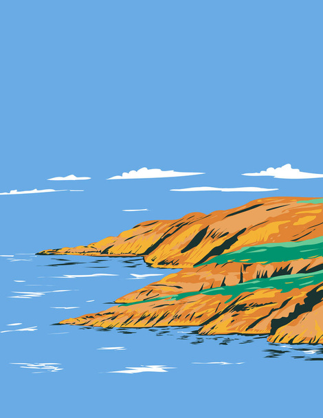 Affiche Art déco ou WPA de la péninsule de Marloes dans le parc national de la côte du Pembrokeshire sur la rive sud de la baie de St Brides, Pays de Galles Royaume-Uni réalisée dans le style d'administration de projet de travaux. - Vecteur, image