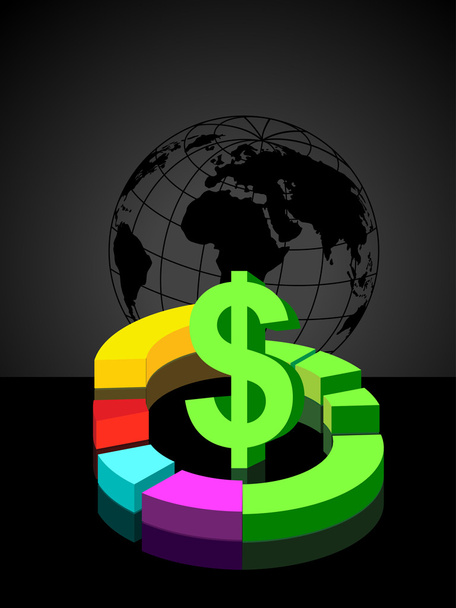 black globe background with colorful pie graph, dollar symbol - Vettoriali, immagini