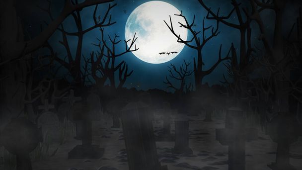 Хэллоуин фон с летучих мышей и тыкв, могилы, в туманной ночи жуткий с фантастическим большой луной в небе. - Фото, изображение