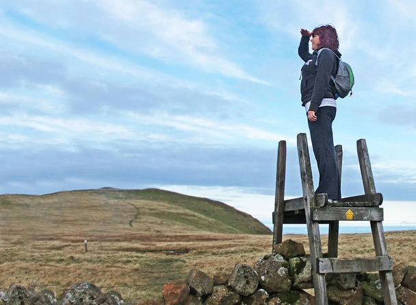 Girl standing on a stile and looking up a hill with the sun  - Photo, Image