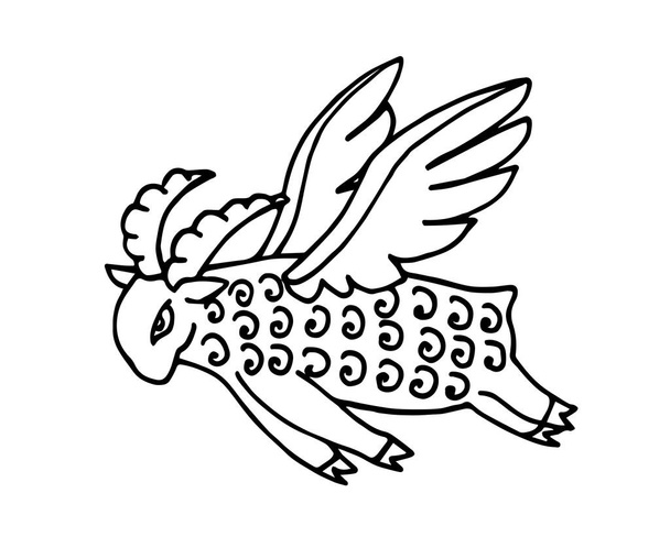 decorative magic sheep flying on wings, farm animal, cloud and soul concept, vector illustration with black contour lines isolated on a white background in cartoon and hand drawn style  - Διάνυσμα, εικόνα