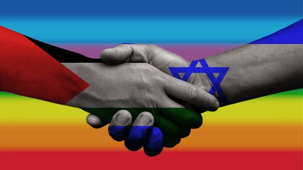 Israel e Palestina apertam as mãos para a paz futura, bandeira da paz no fundo - Foto, Imagem