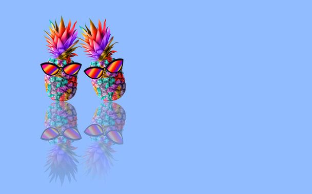 Un par de piña fresca con gafas de sol de acuarela de moda. dos ananas de colores juntos en fondo azul. Amigos de verano, Concepto de Vocación Pareja Idea Creativa - Foto, imagen