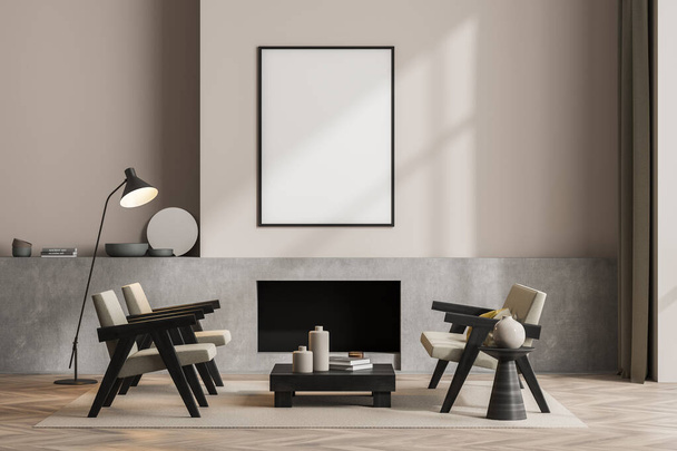 Poster on the pinky beige wall with ledges and fireplace of the waiting room interior. A minimalist design concept, using on trend lamp with coffee tables, armchairs and parquet. Mockup. 3d rendering - Foto, Bild