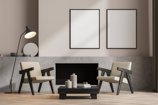 Two posters on the wall with ledges and the fireplace. Pinky beige and grey seating area interior. Minimalist design concept, using two armchairs, parquet, lamp and coffee table. Mockup. 3d rendering - Foto, imagen