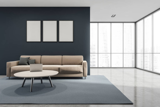 Three mock up posters in the minimalist panoramic living room interior with beige couch, white details, lighter blue rug and grey concrete floor. A concept of modern apartment design. 3d rendering - Foto, Bild
