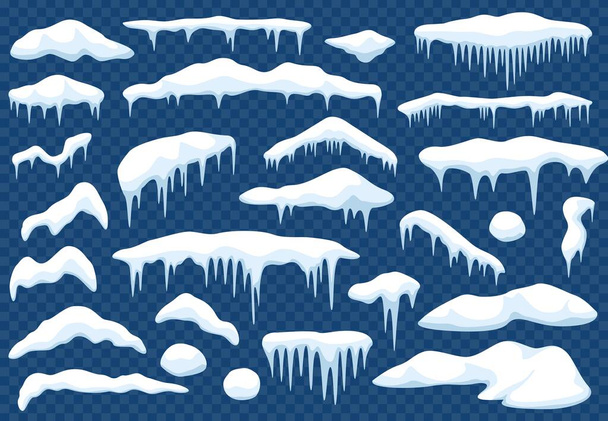 Kreskówkowe czapki ze śniegiem. Snowdrift, stos śniegu, śniegu, dachu lub pokrywy śnieżnej okna z soplami lodowymi. Zimowe Boże Narodzenie śnieżny element dekoracji wektor zestaw - Wektor, obraz
