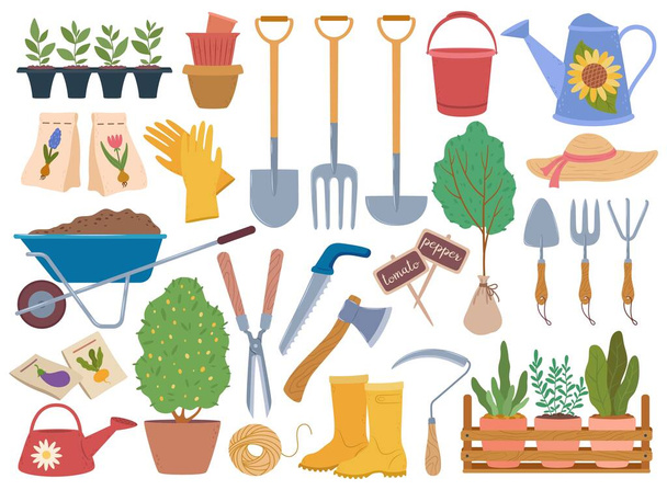 Εργαλεία κηπουρικής, ανοιξιάτικος εξοπλισμός κήπου και δενδρύλλια φυτών. Ποτιστήρι, γάντια, καροτσάκι με χώμα. Σύνολο διανυσματικών στοιχείων κηπευτικών - Διάνυσμα, εικόνα