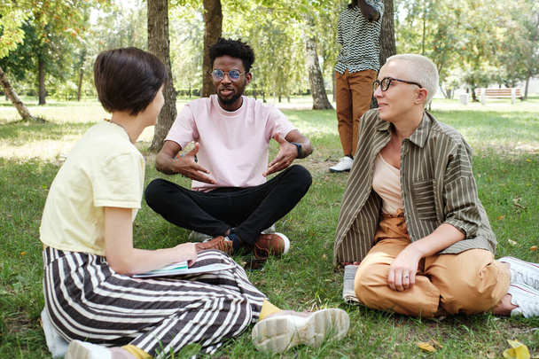 Vrienden aan het praten tijdens een ontmoeting in het park - Foto, afbeelding