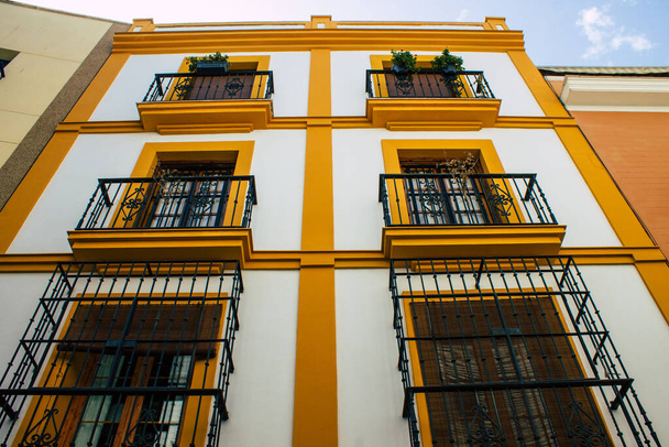Sevilla Španělsko 10. srpna 2021 Fasáda budovy v ulicích Sevilly, symbolického města a hlavního města regionu Andalusie, na jihu Španělska - Fotografie, Obrázek