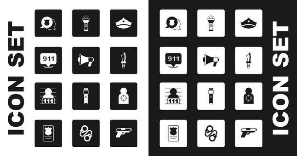 Set Police cap with cockade, Megaphone, Telephone call 911, badge, Military knife, Flashlight, Human target sport for shooting and Suspect criminal icon. Vector - Vector, Image